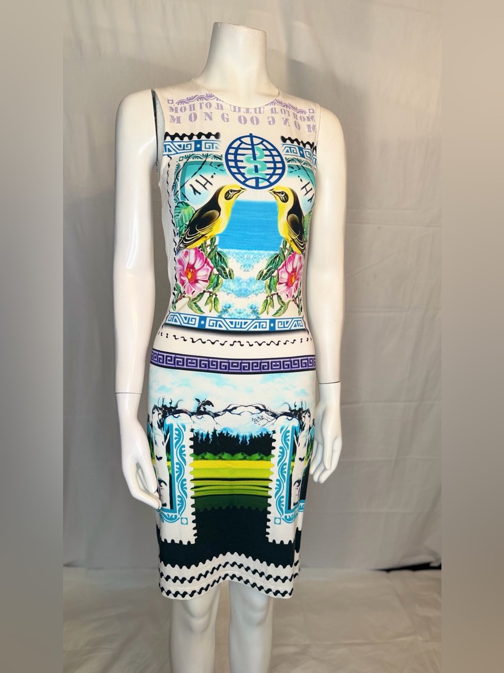 MARY KATRANTZOU White Midi Dress with Blue, Green & Yellow Tropical Print